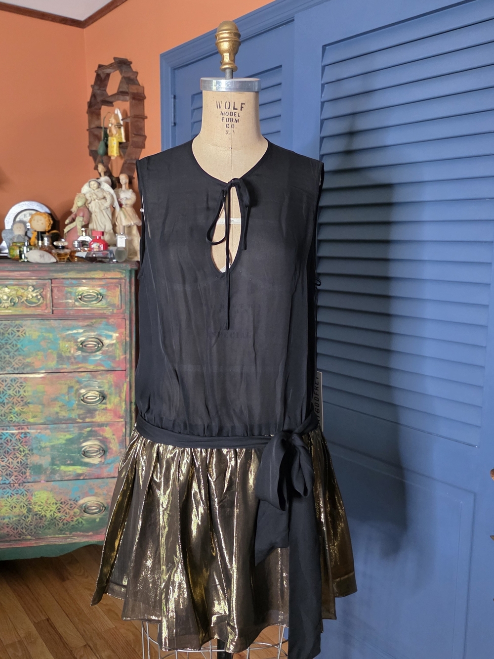 NWT Jay Godfrey Black & Gold Metallic Blouson Mini Dress